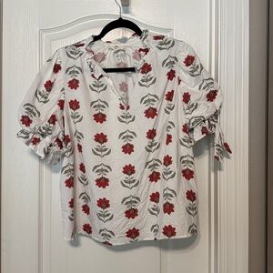Entro White Floral Top with Red and Green Accents